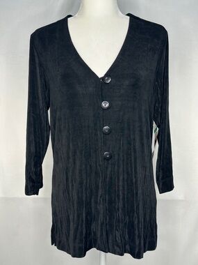 Laura Ashley Classic Black V-Neck Button Front Tunic Jacket Travel Stretch 
 SzM